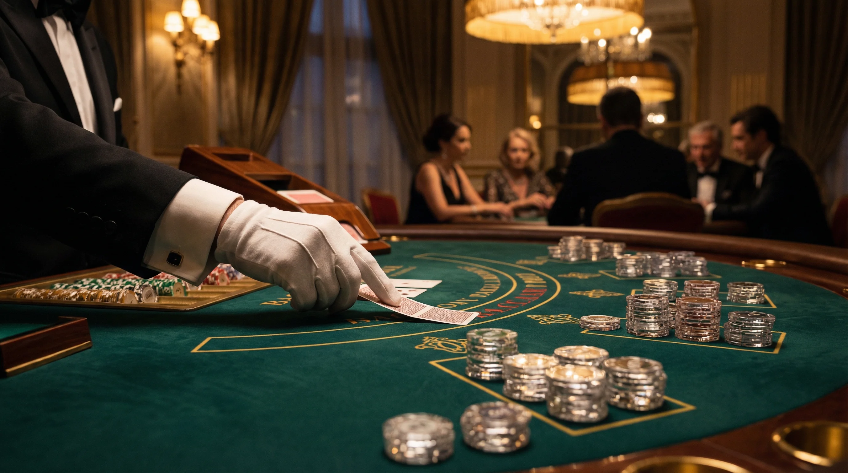 Mesa de bacará elegante con cartas y fichas de casino