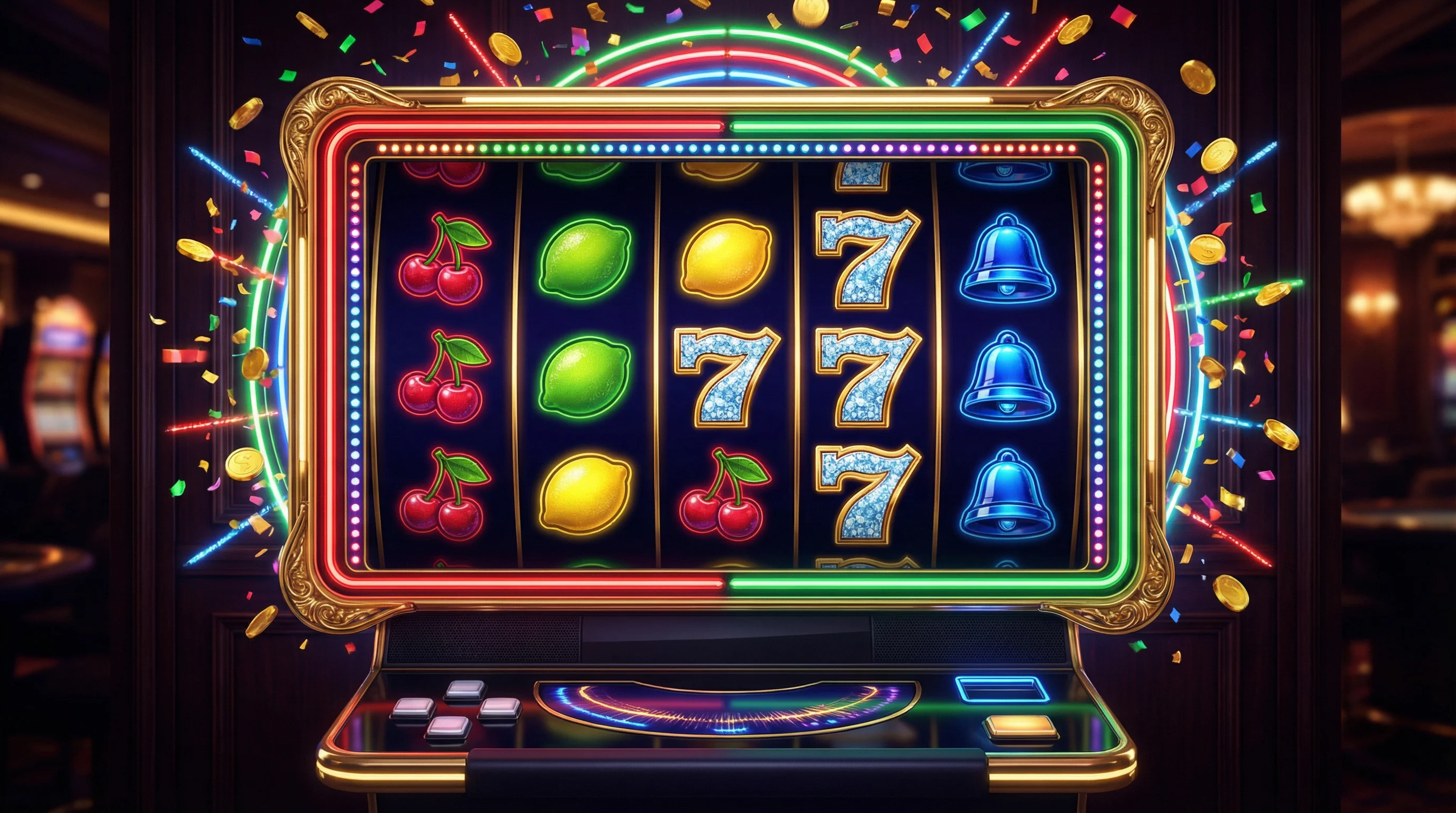 Tragamonedas colorida con símbolos de frutas y número 7